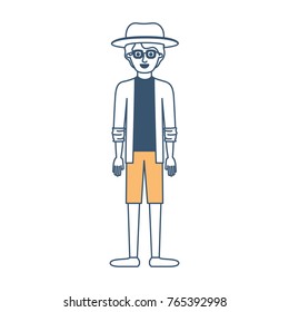man with hat and glasses and shirt with jacket and short pants and shoes with short wavy hair in color sections silhouette