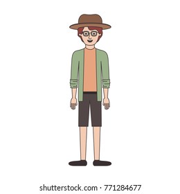 man with hat and glasses and shirt with jacket and short pants and shoes with short wavy hair in colorful silhouette