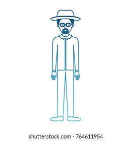 man with hat and glasses and shirt and pants and shoes with short hair and goatee beard in degraded blue silhouette