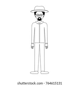 man with hat and glasses and shirt and pants and shoes with short hair and goatee beard in black dotted silhouette