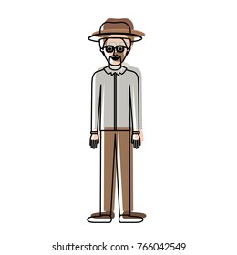man with hat and glasses and shirt and pants and shoes with short hair and goatee beard in watercolor silhouette