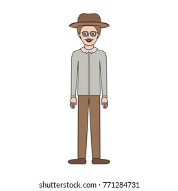 man with hat and glasses and shirt and pants and shoes with short hair and moustache on colorful silhouette