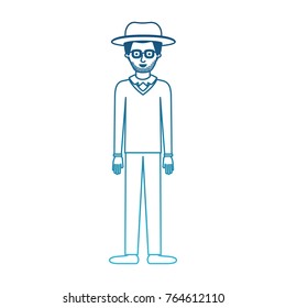 man with hat and glasses and sweater and pants and shoes with stubble beard in degraded blue silhouette