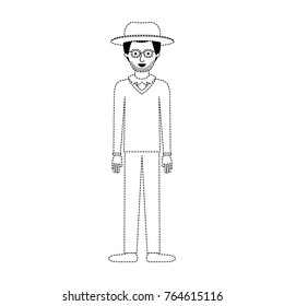 man with hat and glasses and sweater and pants and shoes with stubble beard in black dotted silhouette