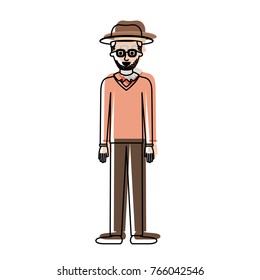 man with hat and glasses and sweater and pants and shoes with short hair and stubble beard in watercolor silhouette