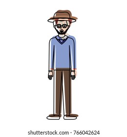 man with hat and glasses and sweater and pants and shoes with stubble beard in watercolor silhouette