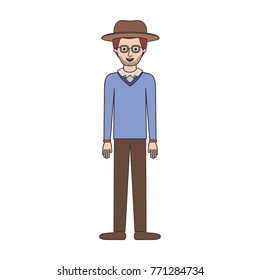 man with hat and glasses and sweater and pants and shoes with stubble beard on colorful silhouette