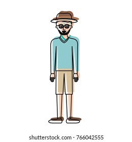 man with hat and glasses and sweater and short pants and shoes with short hair and stubble beard in watercolor silhouette