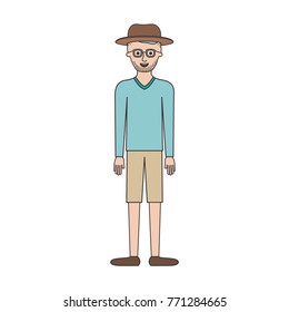 man with hat and glasses and sweater and short pants and shoes with short hair and stubble beard in colorful silhouette