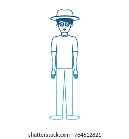 man with hat and glasses and t-shirt and pants and shoes with short hair in degraded blue silhouette