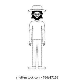 man with hat and glasses and t-shirt and pants and shoes with mid length hair and beard in black dotted silhouette
