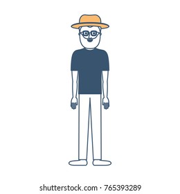 man with hat and glasses and t-shirt and pants and shoes with full beard in color sections silhouette
