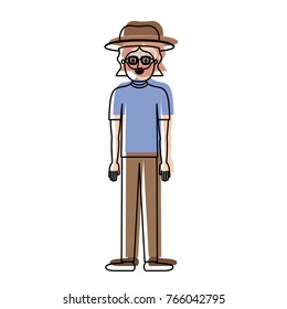 man with hat and glasses and t-shirt and pants and shoes with mid length hair and beard in watercolor silhouette