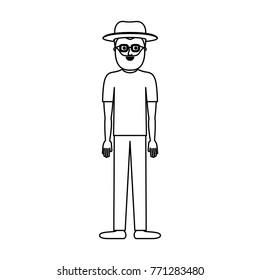 man with hat and glasses and t-shirt and pants and shoes with full beard in monochrome silhouette