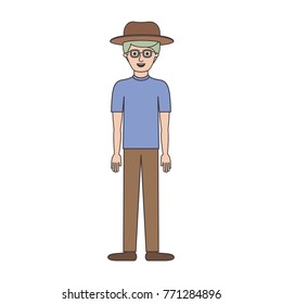 man with hat and glasses and t-shirt and pants and shoes with short hair in colorful silhouette