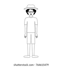 man with hat and glasses and t-shirt and short pants and shoes with curly hair in black dotted silhouette