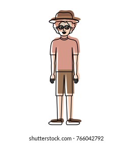 man with hat and glasses and t-shirt and short pants and shoes with curly hair in watercolor silhouette