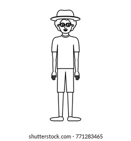 man with hat and glasses and t-shirt and short pants and shoes with curly hair in monochrome silhouette