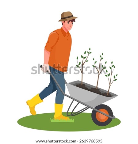 Man in hat and gloves pushing wheelbarrow with young trees in soil, cartoon style on white background. Concept of gardening and planting. Vector illustration