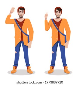 The man in the hat greets with his hand and finds a solution. Hipster man. Vector illustration.