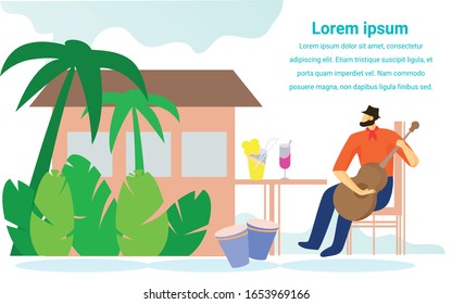 Man in Hat with Guitar Sits at Table with Cocktail. Country Cult. People Have Fun. National Holiday of Brazil. Vector Illustration. Advertising Image with Text. Man Musician in Red Shirt at Bar.