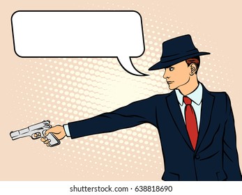 Man in a hat with a gun. Retro style pop art. Vector illustration