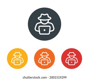 Man with hat hacking laptop icon. Computer hacker symbol. Fraud on internet and cybersecurity concept.