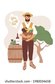 Man in hat holding fruit box. Apricots, grapes. Wooden barrel with glass of red wine and bottle in craft package. Grow with love lettering label. Farming, vineyard concept. Vector illustration.