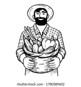 man in hat holding full basket of vegetables flat illustration. farmer and his harvest