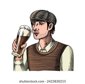 A Man In A Hat Is Holding A Glass Of Beer. Engraved in ink hand drawn in old sketch and vintage style for web or pub menu. Design of Oktoberfest.