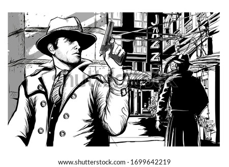Man with hat holding a gun - vector illustration (Ideal for printing on fabric or paper, poster or wallpaper, house decoration)