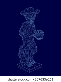 Man in a hat is holding a lantern. The image is in blue and has a vintage feel to it