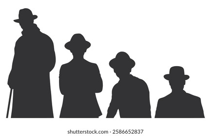 Man with Hat Holding Stick Silhouette. Group of Black Men with Hats. Man Standing Holding Stick.