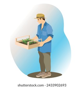 A man in a hat holds a box of greens in his hands. Cute spring illustration about gardening.