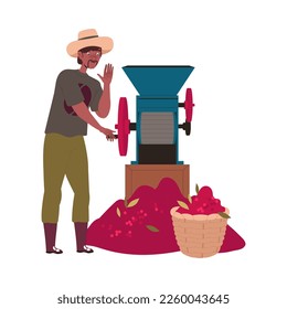 Man in Hat Hulling Coffee Crop in Machine Vector Illustration