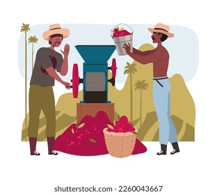 Man in Hat Hulling Coffee Crop in Machine Vector Illustration