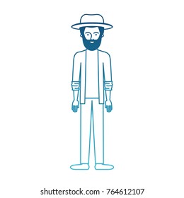 man with hat and jacket and pants and shoes with short hair and beard in degraded blue silhouette