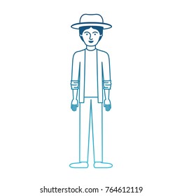 man with hat and jacket and pants and shoes with short hair in degraded blue silhouette