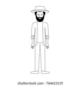 man with hat and jacket and pants and shoes with short hair and beard in black dotted silhouette