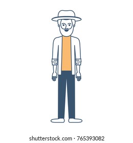 man with hat and jacket and pants and shoes with short hair and beard in color sections silhouette