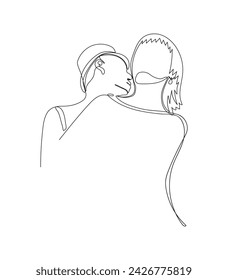 A man in a hat kisses a woman. One line art design. Vector illustration