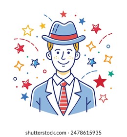 Man with hat line drawing illustration