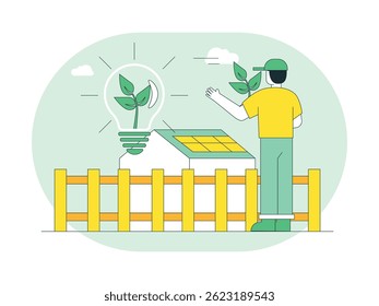 Man in hat looking at, house with solar power system, electric energy efficiency. Character design. Vector flat illustration