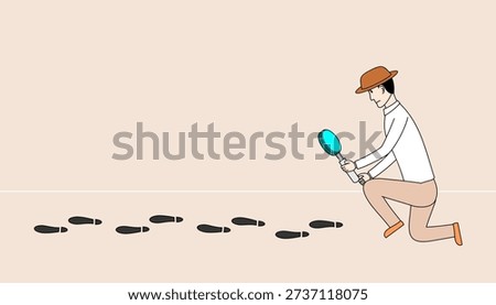 Man in a hat is looking at a footprint with a magnifying glass. The image has a playful and curious mood, as if the man is trying to solve a mystery or uncover a hidden clue