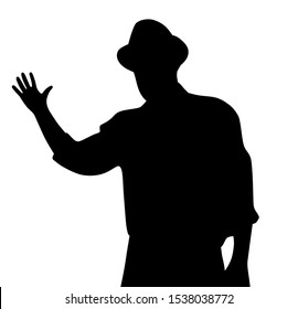 Man with hat making greeting gesture, waving his hand, saying hello or hi 