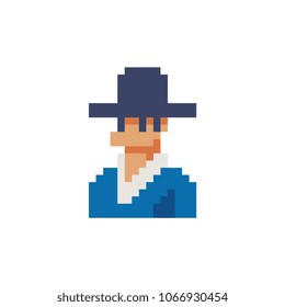 Man in the hat male character profile avatar portrait pixel art icon. Isolated vector illustration. Design logo, mobile app, sticker. Game assets 8-bit sprite.