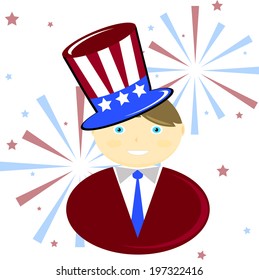 A man in a hat on the day of American independence. Salute in the background. Vector illustration. Abstract pattern.