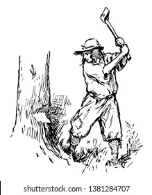 A man with hat on head chopping down a tree with axe, vintage line drawing or engraving illustration