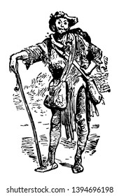 A man with hat on head and holding stick in right hand two sling bags on shoulder vintage line drawing or engraving illustration