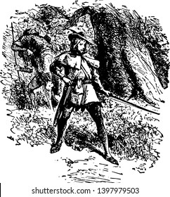 A man with hat on head holding bow and arrows in hands vintage line drawing or engraving illustration